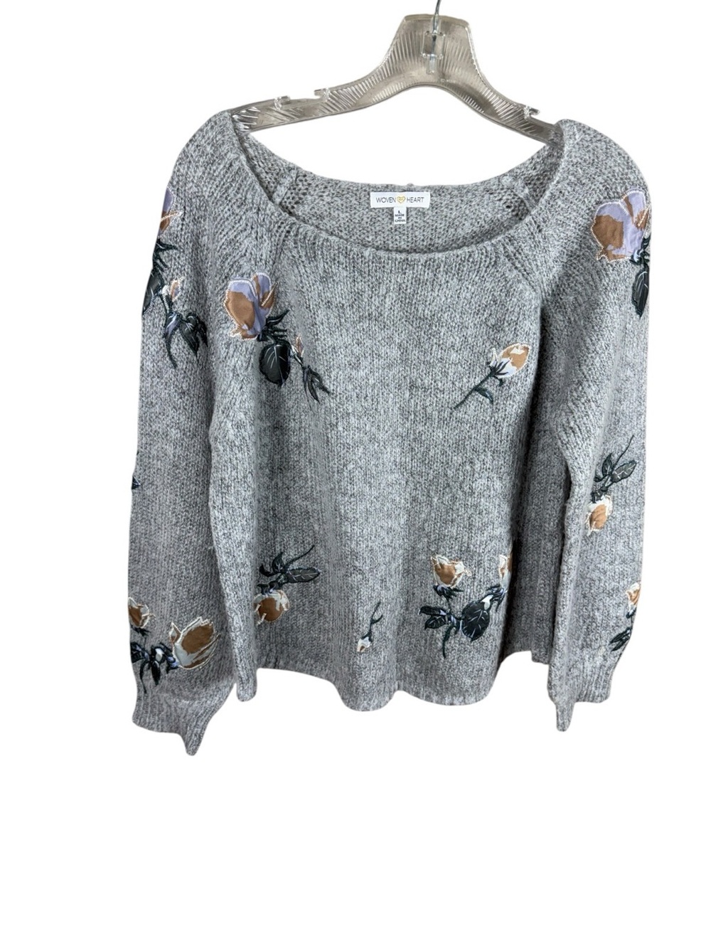 Woven Heart‎ Gray Scoopneck Sweater with Floral Embroidery